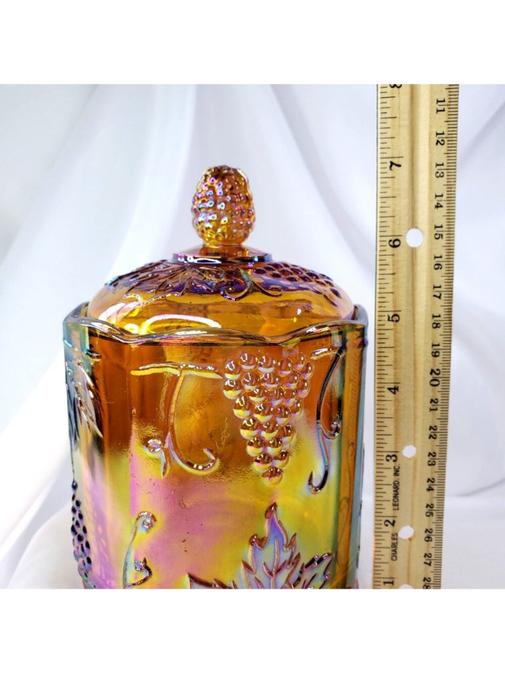 VTG Marigold Carnival Glass Canister Jar & Lid 7" Harvest Grape Indiana Glass - Picture 4 of 16